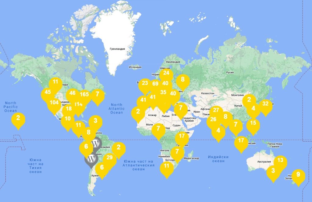 Map of WordCamp events so far - 1151 WordCamp events on 6 continents, in 65 countries and 385 different cities.