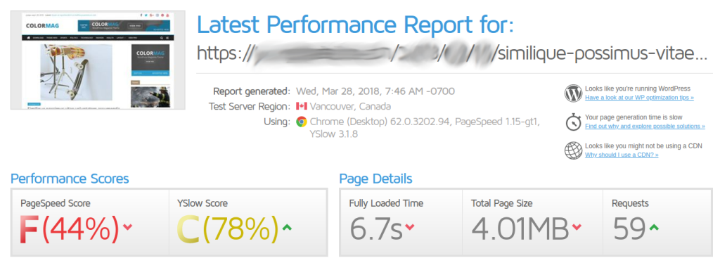 The test result in GTMetrix of a not optimized WordPress website.