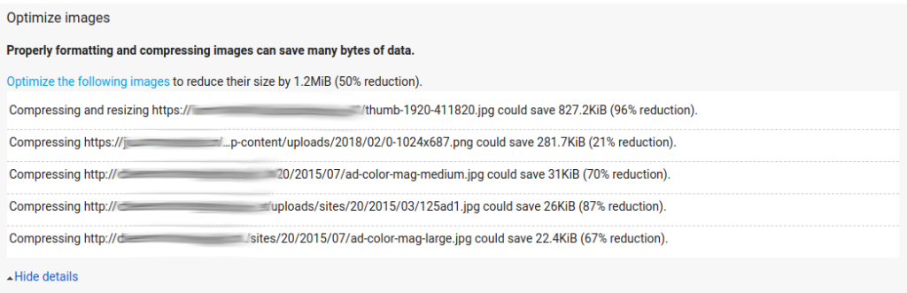 The test result of a not optimised WordPress website using Google's PageSpeed Insights tool: