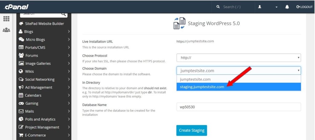 4. Select the subdomain and create your staging environment using the Create staging button.