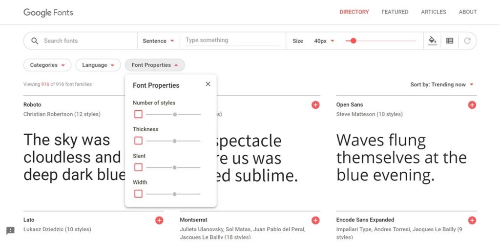 Google Fonts by Font Properties