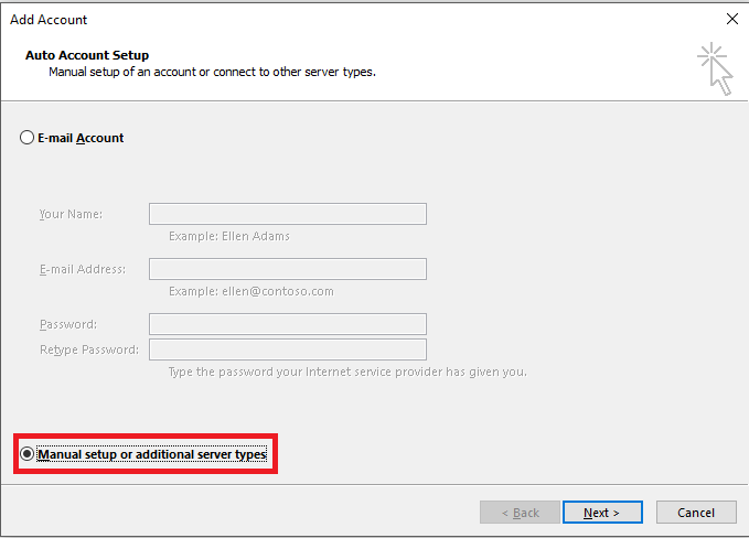 In the window that now appears, select the option "Manual setup of an email account and/or additional settings" and then click "Next" button