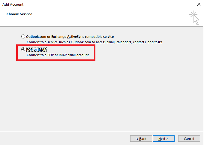 Choose service "POP or IMAP" and then click "Next" button