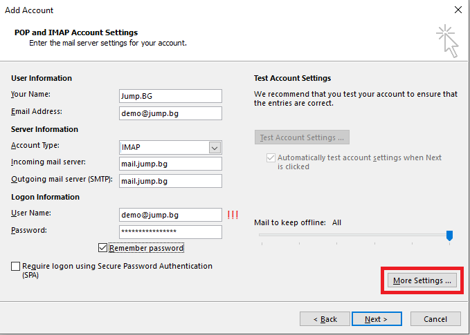 When you have opend "POP and IMAP Account Settings" click "More Settings" and then "Next" button
