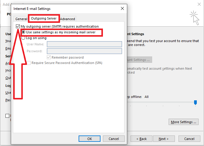 Select the option "My outgoing server (SMTP) requires authentication" and then choose "Use the same data for the incoming server" 